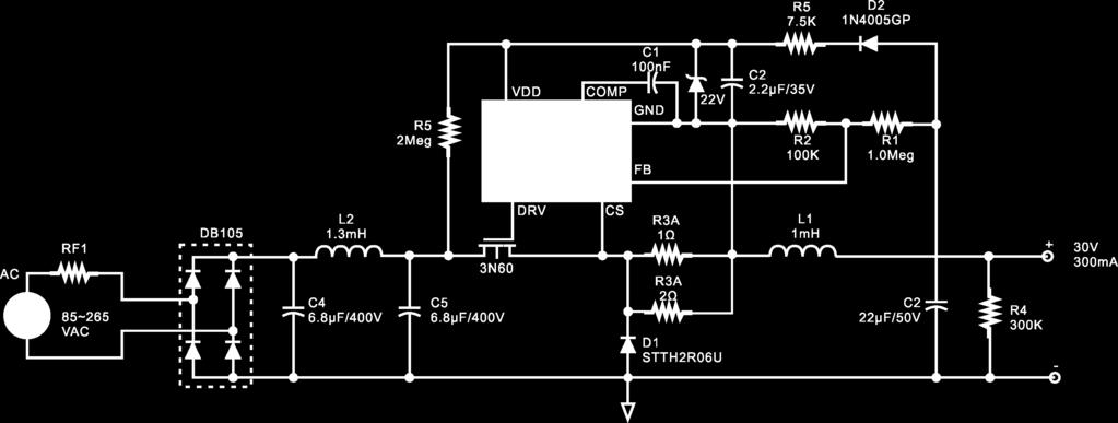 APPLICATIONS EXAMPLE Fig6 A 10watt universal input buck converter s circuit was shown in Fig.6; it is a typical implementation of a non-isolated power supply with 33V&300mA used in appliance control.