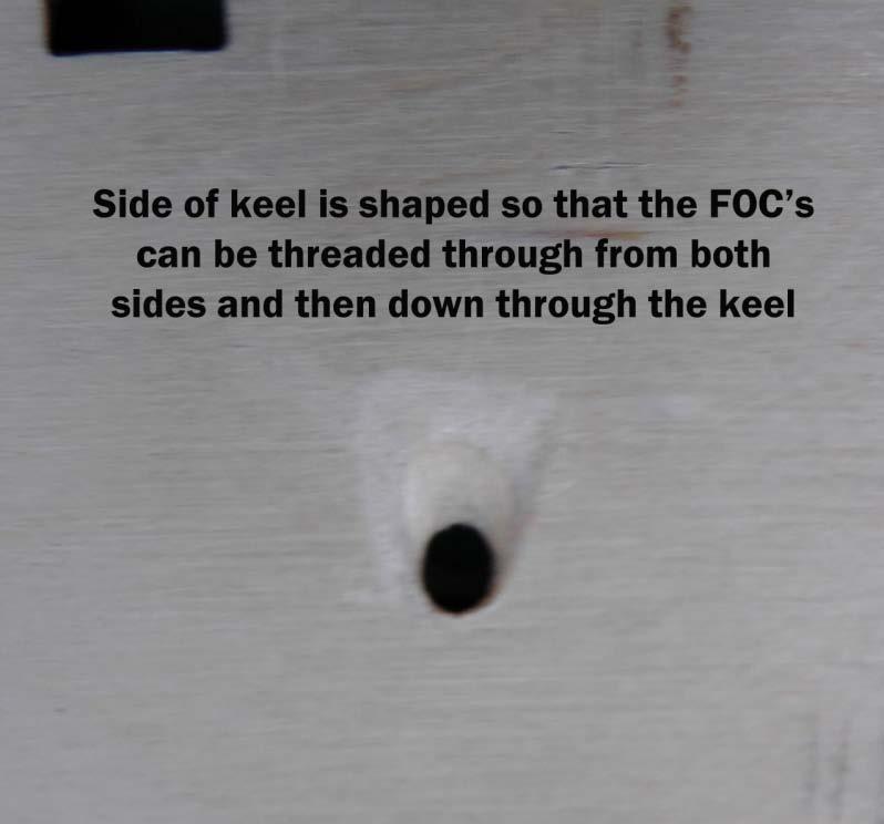 The hole in the keel for the FOC s is drilled 3mm diameter, and is shaped at the top so the FOC s can be threaded