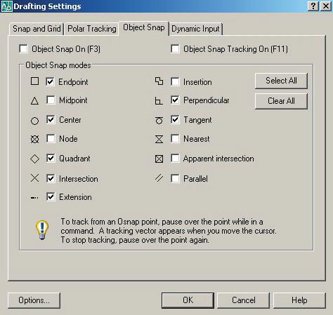Relative Coordinates AutoCAD 2008 Running Object Snaps. Pop down Tools... Drafting Settings Toggle on the Object Snaps you wish to use. (All on at one time can cause confusing results.