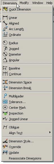 Relative Coordinates AutoCAD 2008 The dimension pop down menu is shown. Use Object Snaps Endpoint, Intersection, Center, etc.