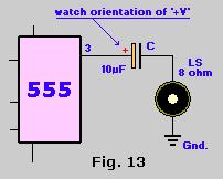 Monitoring the timer with a speaker can be amusing if you switch capacitors or resistors to make an organ. 17. Rewire the circuit making R1 and R2 10,000 ohms (10K) and C equal to 0.1µF.
