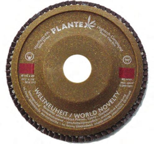The development of the new PLANTEX high-tech compound has resulted in the production of the first flap discs in the world with a backing plate made of natural hemp, with polypropylene used to bind it.