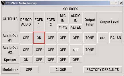 0 shows the audio route function of the IFR 2975 and how it can be set up to route audio from function generator 1 to audio output 1 on the AC25007 audio/mic accessory. Figure 22.