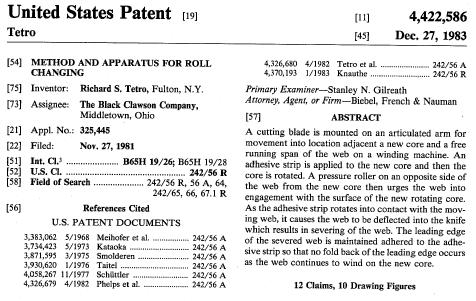 THE STATIONARY KNIFE DESIGN PATENT NO. 4,422,586, by Tetro, WAS A MAJOR IMPROVEMENT OVER THE PREVIOUSLY CITED ROLL CHANGE METHODS.