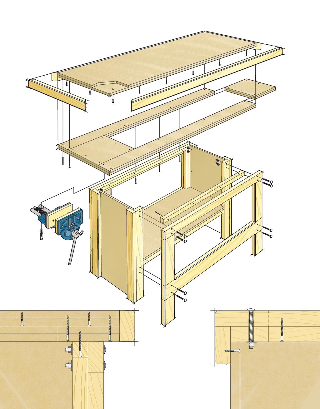 CHAMFER ON TOP AND BOTTOM SOFTENs EDGES TO PREVENT SPLINTERING Construction Details Overall Dimensions: 32" x 88" x 36" benchtop is built up from four layers of mdf for strength CUT-TO-FIT end