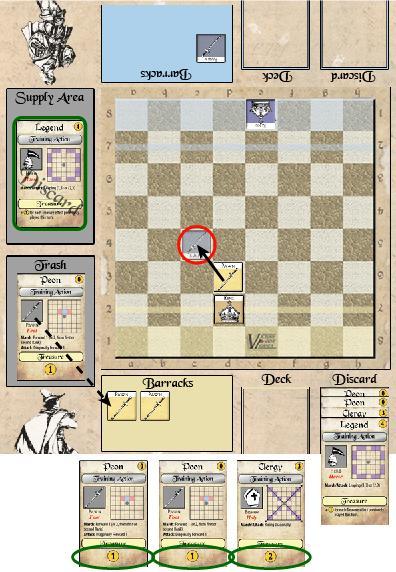 FOR THE CROWN Sample Play v1.0 5 Turn 5 Yellow player Yellow has 3 Peons, a Guard, and a Clergy in Hand.