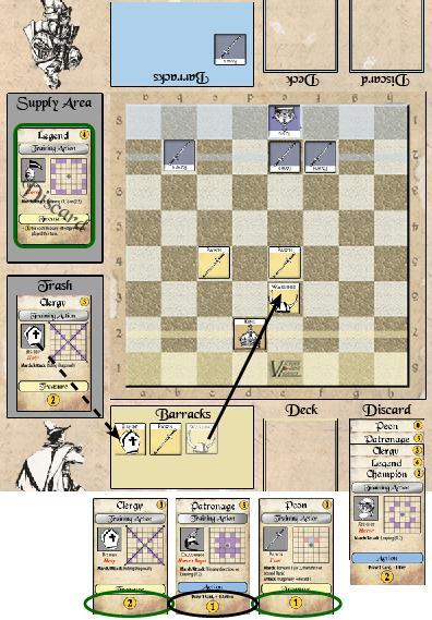 FOR THE CROWN Sample Play v1.0 8 Turn 8 Yellow player Yellow has a Guard, 2 Clergies, a Champion, and a Patronage in Hand.