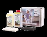 The kit contains 500 ml TopOil clear matt 3058, 500 ml Spray Cleaner, one Hand Pad Holder, one Oil Finish Applicator Fleece, one buffing fleece and
