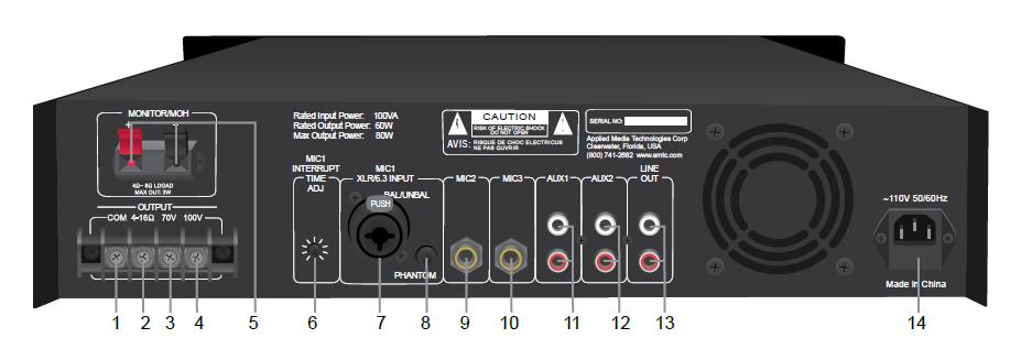 Rear Panel 1. Monitor/MOH Output (for use with monitor speaker or telephone music on hold input) 2. Common Speaker Output 3. 4-16 ohm Speaker Output (select only one connection from 2, 3, and 4) 4.