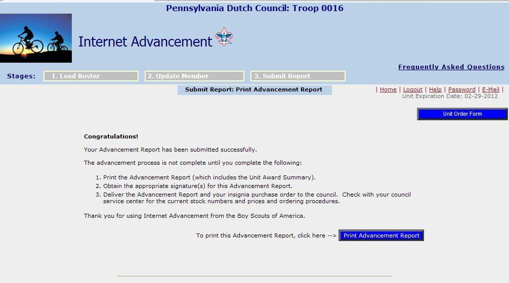 Submitted! You now have submitted your advancement to Council and updated your Scoutnet file. From here click Print advancement report. This will open a PDF file for you to print.