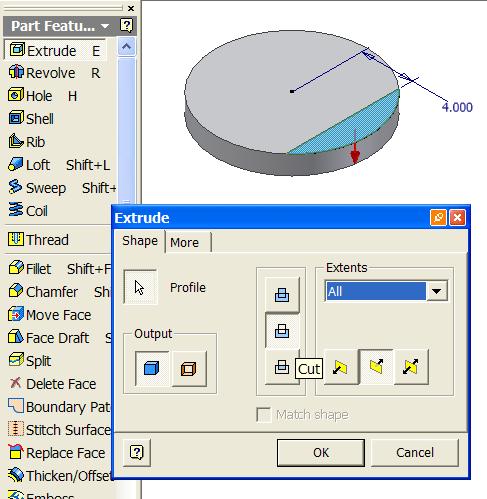 Select the Extrude tool, the Cut and All options, and the downward