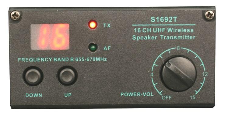 WIRELESS SPEAKER TRANSMITTER S1692T (OPTIONALEQUIPMENT) OPERATES ON DIFFERENT FREQUENCIES THAN AMPLIVOX WIRELESS MICROPHONE / RECEIVER 16 CH UHF WIRELESS SPEAKER TRANSMITTER A B C FEATURES Channel
