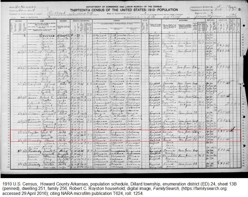 Locate the document online Isabell [Weatherford] and Robert Royston, 1910 census.