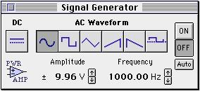 The Signal Generator window controls the Amplitude, Freqeuency, and AC Waveform of the Power Amplifier. If DC is selected, the Signal Generator controls the Amplitude of the output.