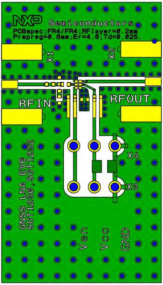 Fig 3. Printed-Circuit Board layout of the BGU6009/N2 LNA evaluation board 20um Cu 20um Cu 20um Cu 0.2mm FR4 critical 0.