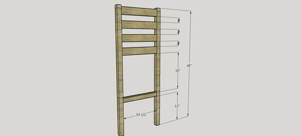 [14] Join the two longer legs measuring 45 inches together using 4 of the 14 ½ inch 1 by 3s and a 14 ½ 2 by 2. I placed the bottom edge of the 2 by 2 rail 12 inches up from the bottom of the leg.