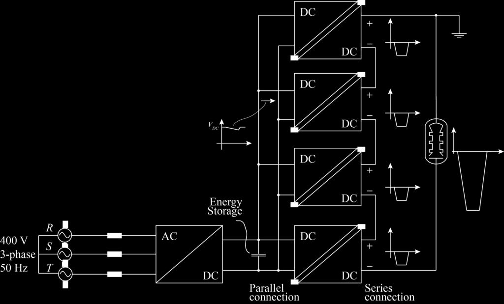 DC-DC Converter Based Adding output voltage of isolated DC-DC converters - Parallel in / serial connected out è Compact transformer (HF switching) Pulse rise time relative