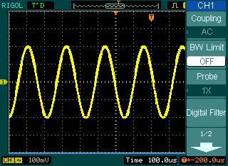 1. Channel coupling To use CH 1 as an example, input a sine wave signal with DC shift. Press CH1 Coupling AC to set AC coupling. It will pass AC component blocks the DC component of the input signal.