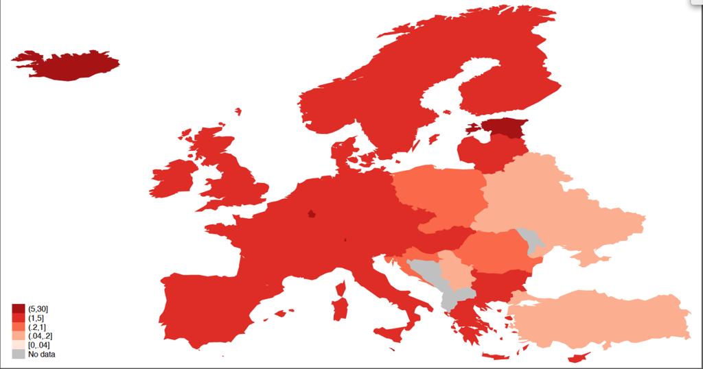 Location of participants (Space): Total number of participants per 1 million inhabitants Source: Based on CORDA