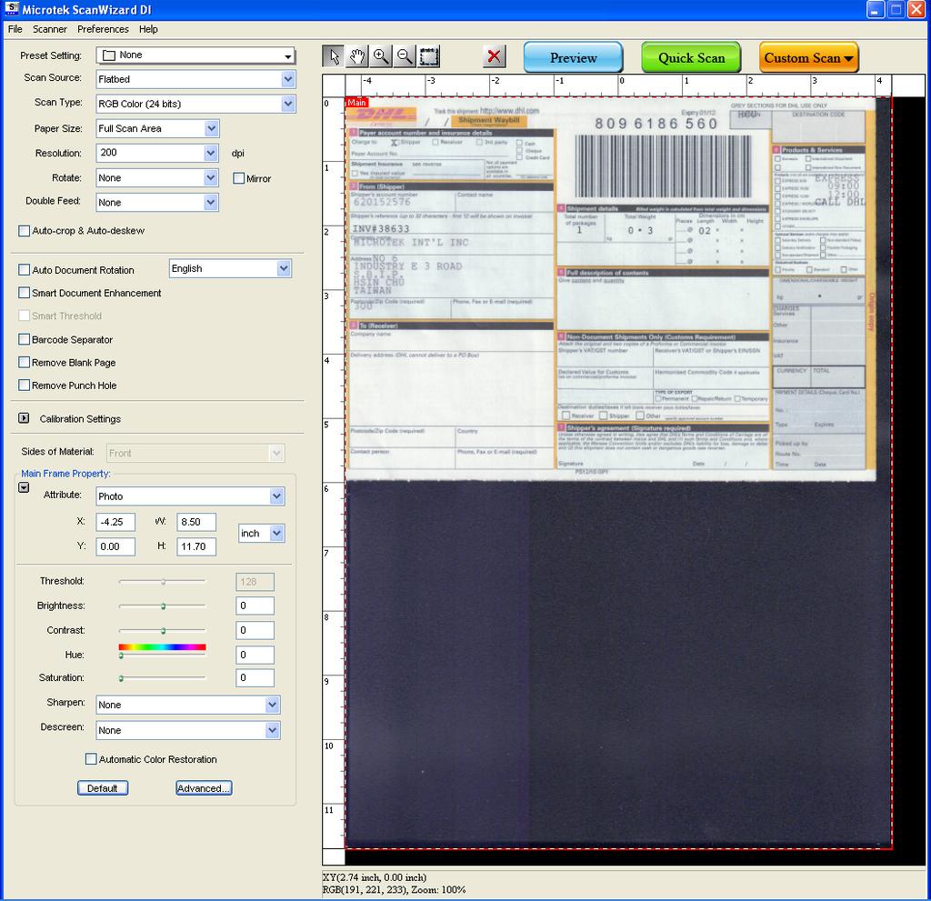 Select Frame tool Scanning settings Scan frame (enclosed by dotted