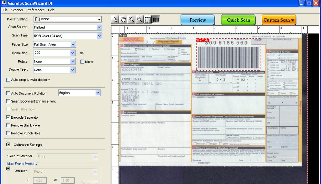 tool Image correction settings Barcode Separator Barcode number is