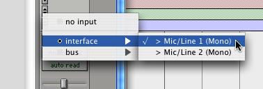 5 From the pop-up menu, select the interface input you want to record. For example, select Mic/Line 1 if your audio source is plugged into the Source 1 jack on the back of the Mbox.