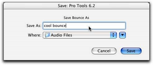 8 In the Bounce dialog, give the bounce tracks a name and choose where they should be saved. Save Bounce Dialog 9 Click Save. Pro Tools will begin bouncing to disk.