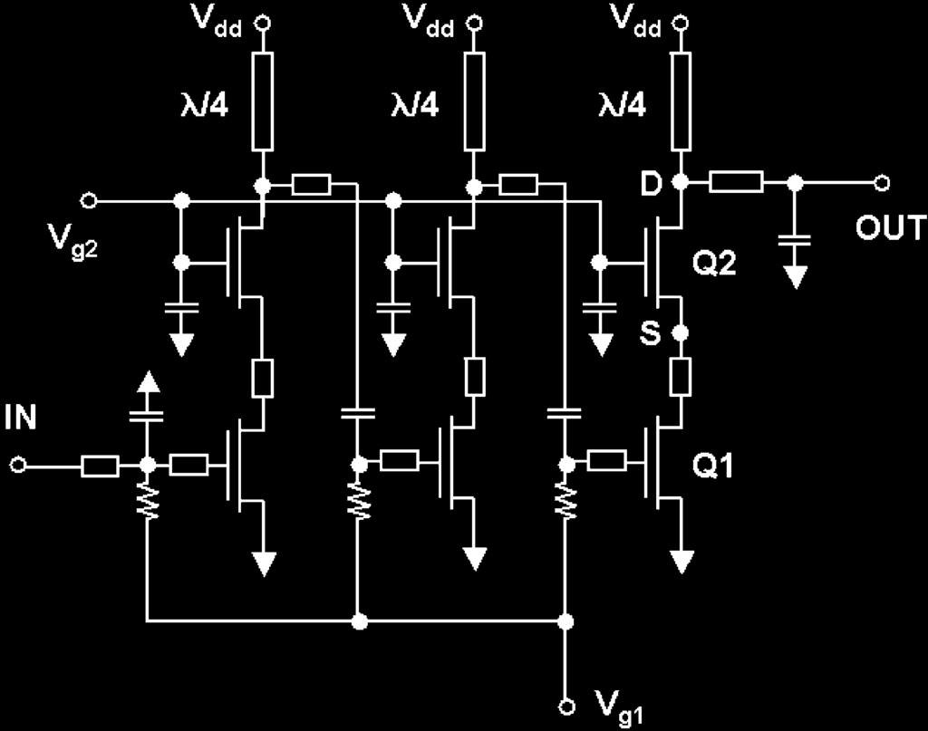 The cascode configuration has a much larger stable gain than the single transistor configuration. We used the cascode configuration for the amplifier design. Fig.