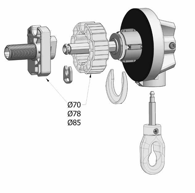 BEVEL GEAR WITH CLUTCH RATIO 4,6:1 STOP KIT ADAPTER PATENTED EYELET Limit switch adjustable from outside, max. 19 turns. Clutch on lower limit switch.
