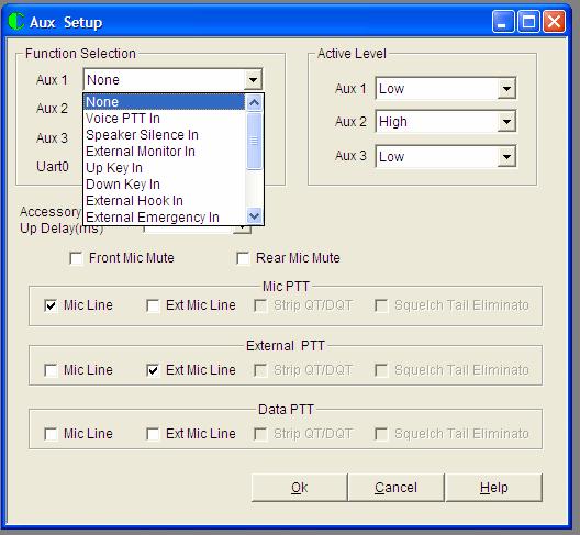 Setting the Outputs to Correspond to the appropriate Page mode. The following screen shows how to set the output to correspond DTMF, Two Tone, Five Tone, or MDC for Aux 1.