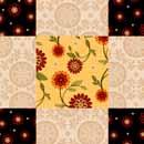 To make the wall quilt, place marked dark green squares right sides together on the top corners of a 7" sunflower square and marked cream squares on the bottom corners. Pin to hold.