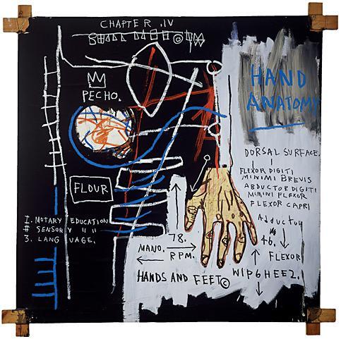 Kukje Gallery Jean-Michel Basquiat Untitled (Hand Anatomy) 1982 Acrylic, oilstick and paper collage on canvas with tied wood supports 152.4 x 152.