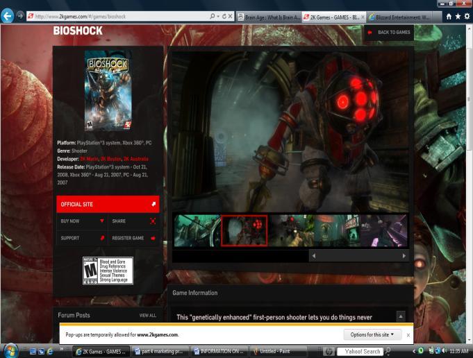 Bioshock. On the Bioshock website one can look up screenshots, support, or register their game with the company to get more information.