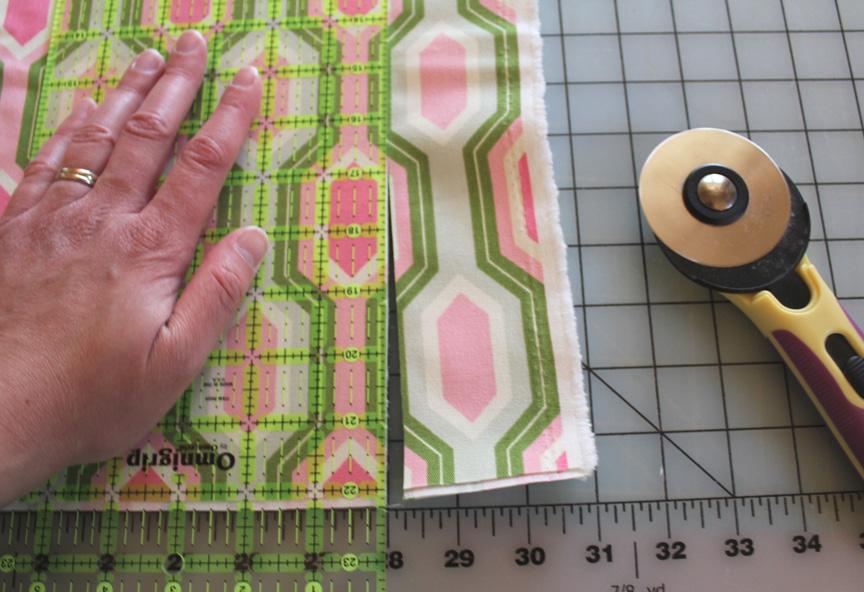 Square up the home dec fabric with a rotary cutter and ruler. 3.