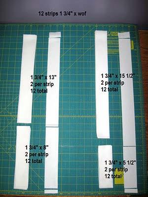 Once again, align your fabric on your mat and cut a straight edge. Then cut 12 strips measuring 1 3/4" x the WOF.