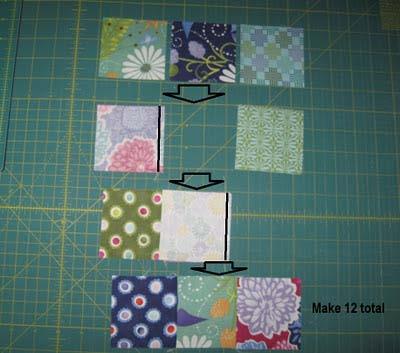 Go ahead and set the 6 sashed centers aside. Now grab your pile of 3" print squares. You will be making 12 rows of 3.