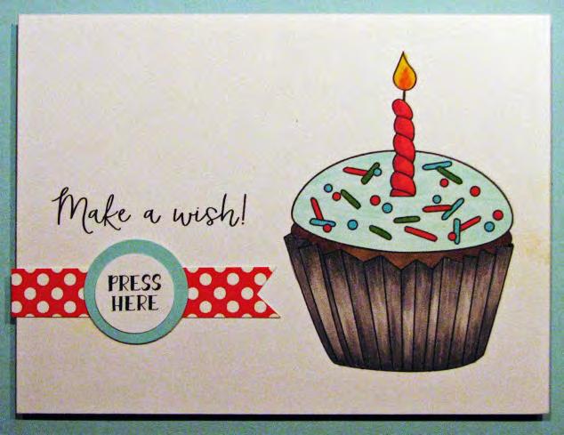 Make a Wish Art Gone Wild Stamps: NTSCS-001 Birthday Cupcake Clear Set Cardstock: White 305061 Waterfall From Darcie s PAC1694 Dotty Red Other Supplies: Black Dye Ink Pad Alcohol Markers Chibitronics