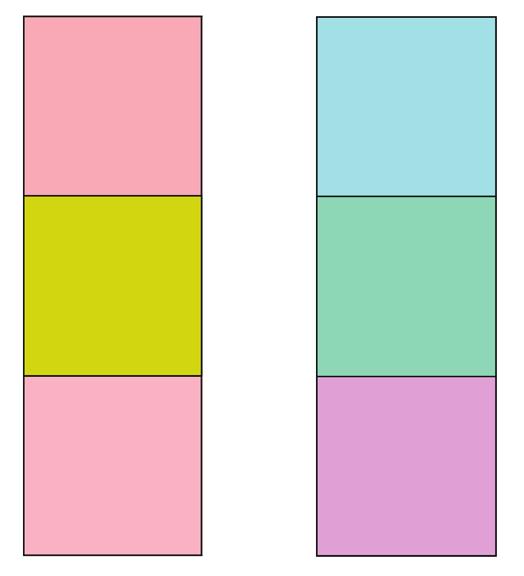 1. Sew 31/2" Fabric L (Flesh), G (Wasabi) and E (Primrose) squares together to make a strip set.