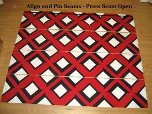 Align and Pin all of your seams. Sew a 1/4" seam along the edge. Then, place the third row onto the now sewn together first and second row, with right sides together.