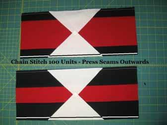 They should just overlap. And once again, Stitch a 1/4" seam along the edge, chain piecing all 100 units. When you are finished stitching, press the seams outwards towards the white triangles.