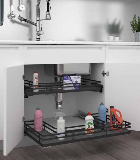 NEW COLOR Solid Bottom U-Shaped Pullout Shelves Rev-A-Shelf s 5386 Series is now available in contemporary orion gray solid bottoms with textured linen finish and flat wire accents.