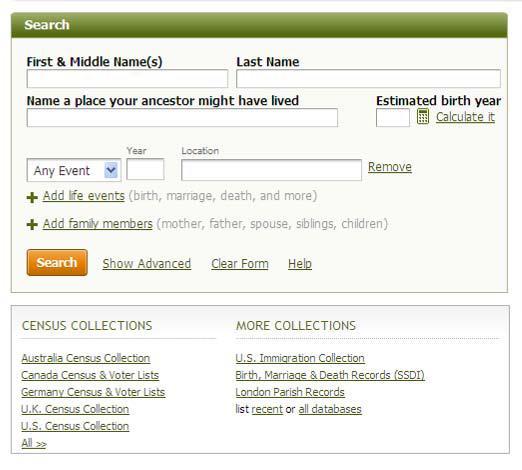 IV. Ancestry Library Edition This is the home page of Ancestry Library Edition; it also the main search screen: It s best to start with a broad search without including any places or dates.