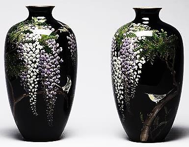 Vases with sparrows and wisteria Meiji