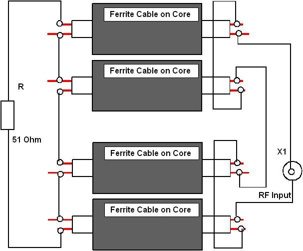 Secondary winding was loaded on to 51- Ohm resistor. Figure 11 shows the transformer loaded to 51-Ohm resistor. Table 4 shows data obtained for the Four Ferrite RF Chokes transformer.