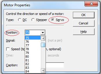 Double click on the Motor Command block and select Servo under types of motor. To control a servo a number of parameters must be outlined.