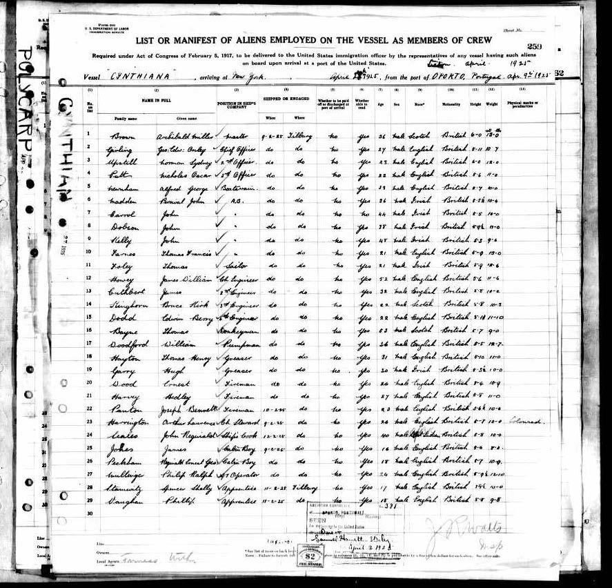 Immigrat Immigration: passenger, crew lists Hedley HARVEY b1898.
