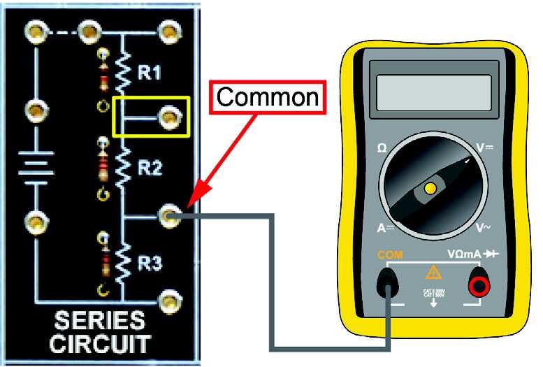 Series Resistive Circuits DC Fundamentals Place the BLACK multimeter lead at the junction of R2 and R3 to establish this point as the With respect to the established circuit common point, what