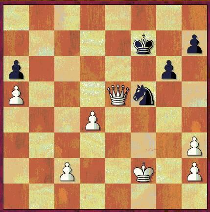 Final position from Turing vs ChessTiger. White is cleary ahead, but accepts the draw by repetition of moves.