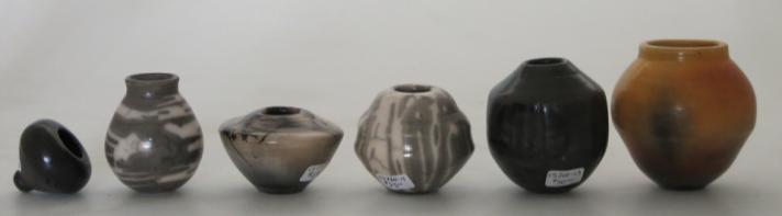 4in) See picture below 260-11 and 13 See picture below 11-medium grey/white 2 Step Naked Raku Mini vase with vertical pattern over horizontal ridges. (1.6x1.