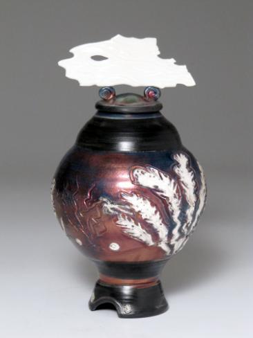 183R Mystery Diver I, 4 section, carved lidded vessel with altered pedestal, Frost translucent porcelain finial, and very